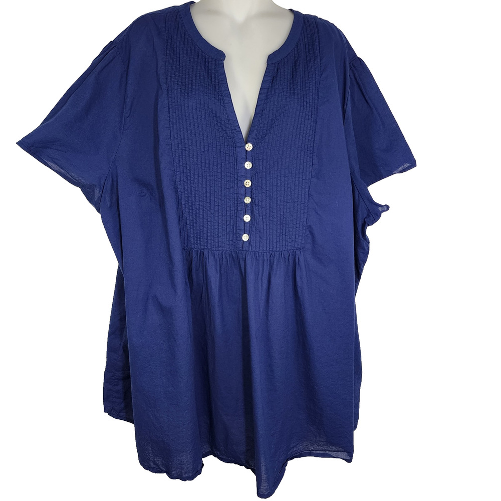 Woman Within Women’s Pintucked Half Button Tunic Shirt Size 3X Blue Short Sleeve